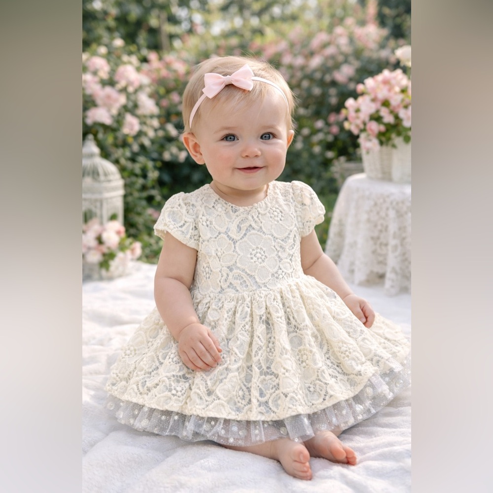 Halabaloo Cream Lace w/Silver Lining Tulle Formal Baby Girls Dress Sz 12m NEW